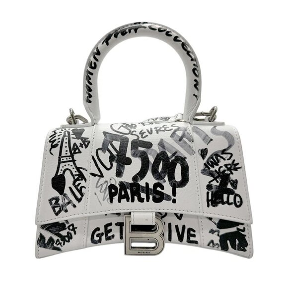Auth BALENCIAGA Hour Glass XS Handbag Crossbody Shoulder Bag White/Black - z3261
